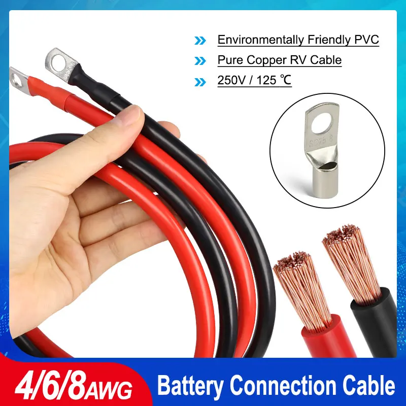 

RV Pure Copper Battery Inverter Cable Set 8 6 4AWG 20/30/40/50/60/100cm M8 Crimp Lug For Solar System UPS Car Connection Wire