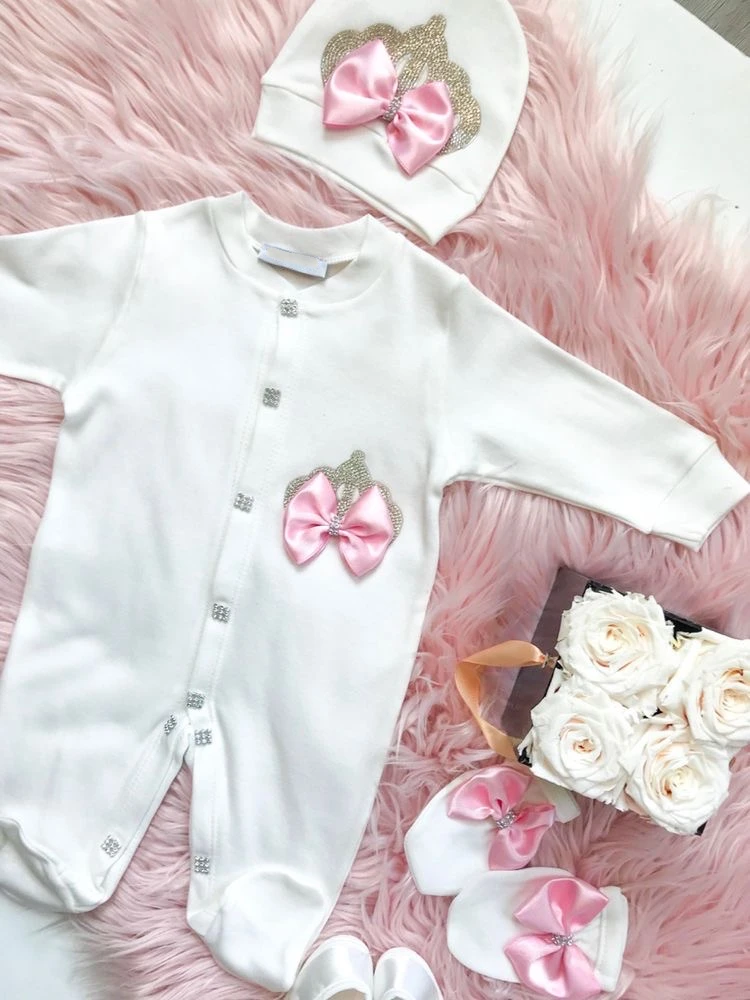 

Baby Girl Coming Home Outfits Set Personalized Name Jewelry Crown Clothing Vintage Croche Infant Care Products Body Suit Pajamas