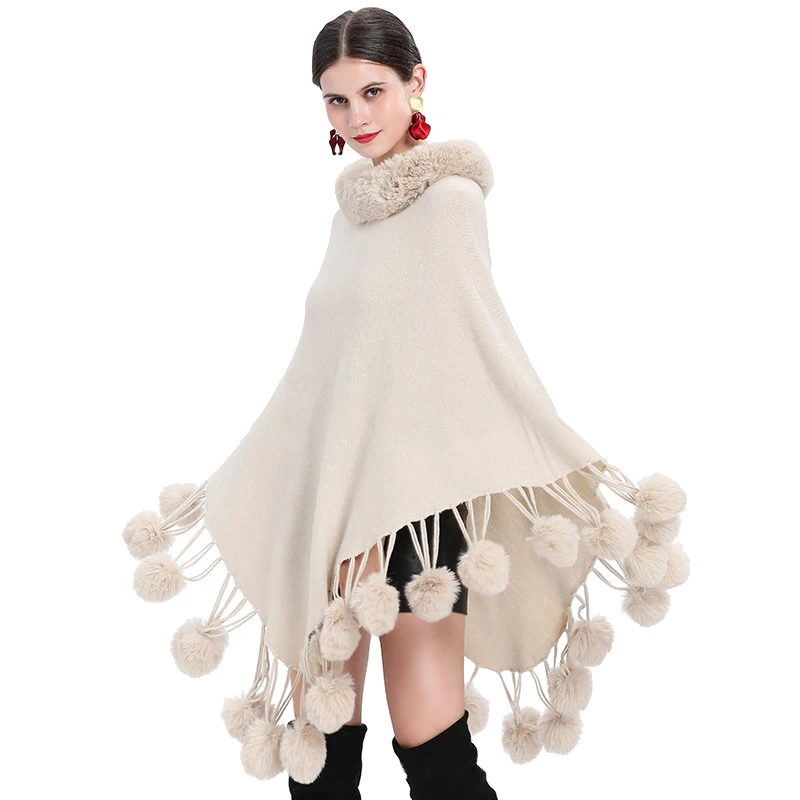 Women Cashmere Feel Poncho Lady Rex Rabbit Faux Fur Collar Pullover Coat Autumn Warm Cloak with Rabbit Hair Ball Knitted Shawl