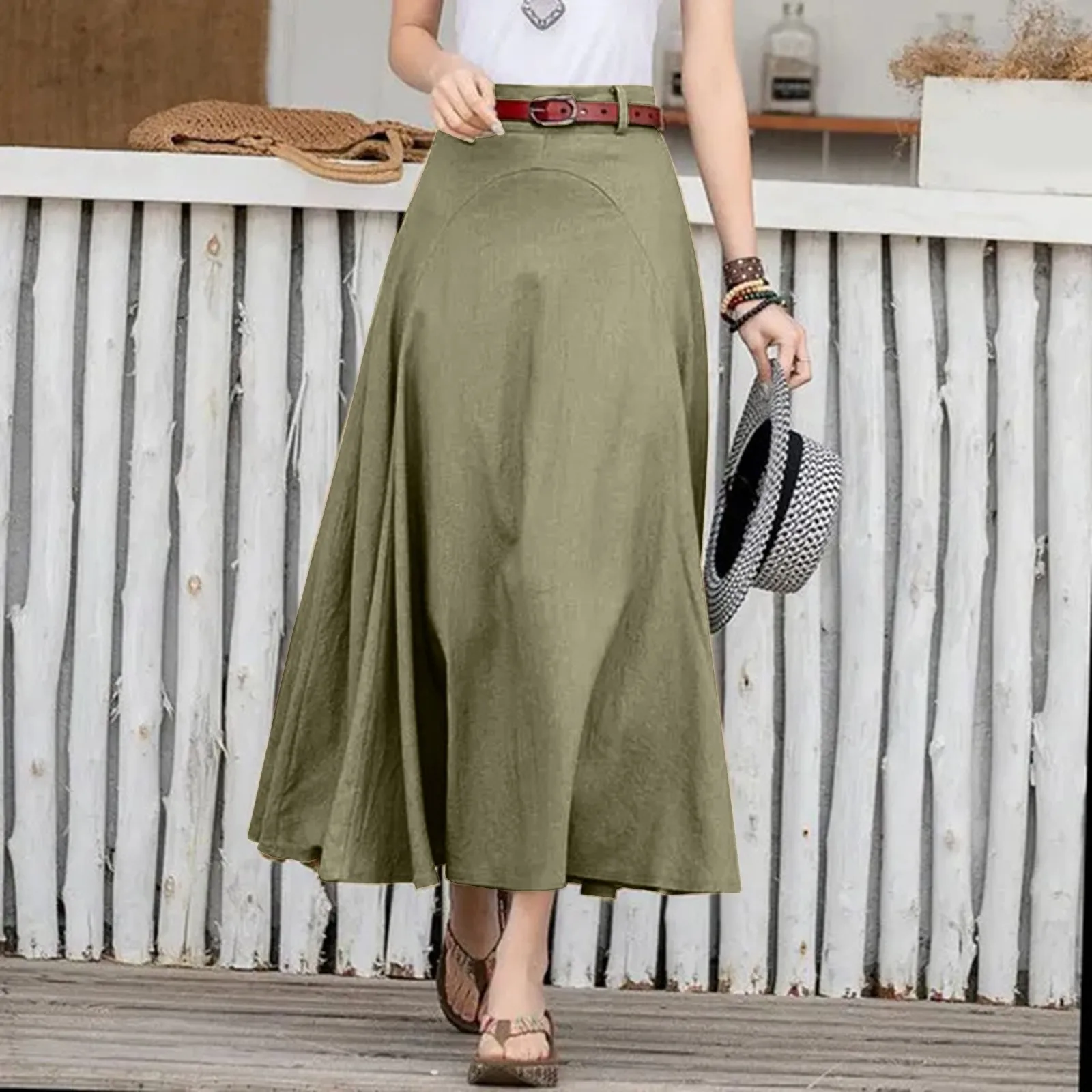 Elegante 2024 Zomer Casual Midi Rokken Vrouwen A-Lijn Oversized Patchwork Rok Effen Kleur Onderkant Dames Rits Hoge Taille Rok