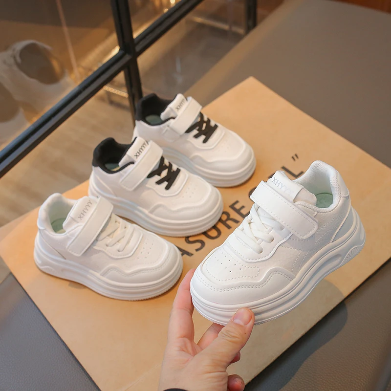 

Children Casual Shoes White Pu Leather Plain Design School Kids Sneakers Unisex All-match 26-37 Four Seasons Boys Girls Shoes