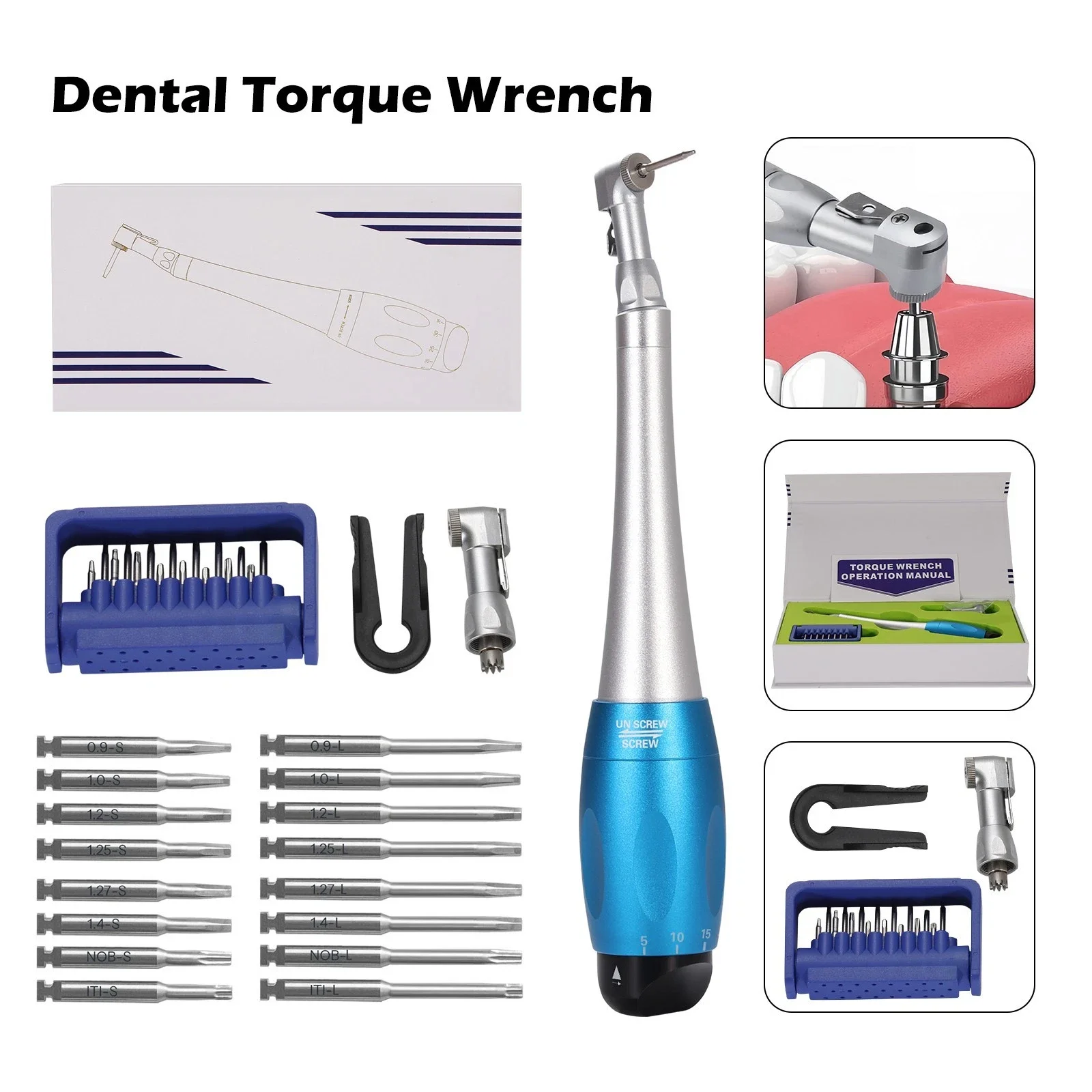 

Стоматологический динамометрический ключ, универсальный набор для имплантатов, угловой наконечник и 16 драйверов синего цвета