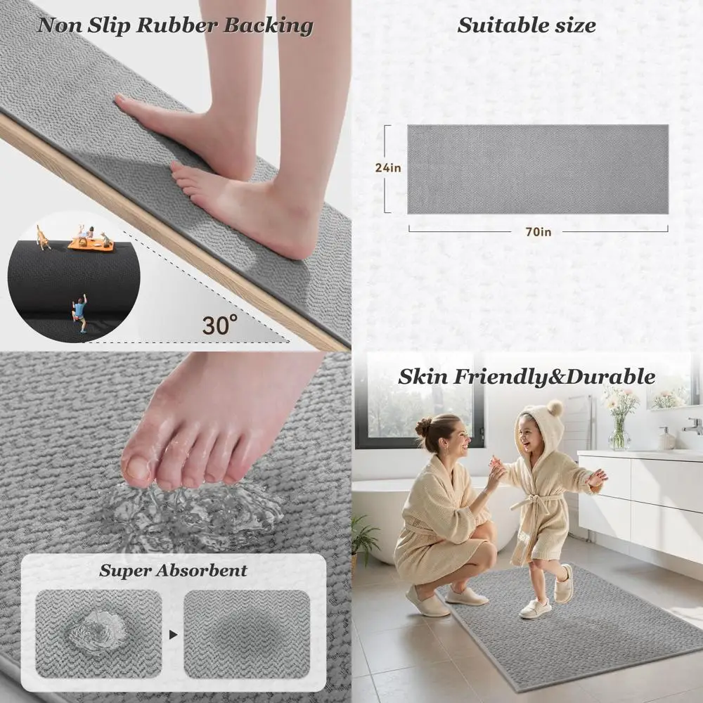 

Светло-серый супервпитывающий тонкий коврик для ванной 24x70 с быстросохнущей резиновой основой и нескользящей поверхностью из шенилла