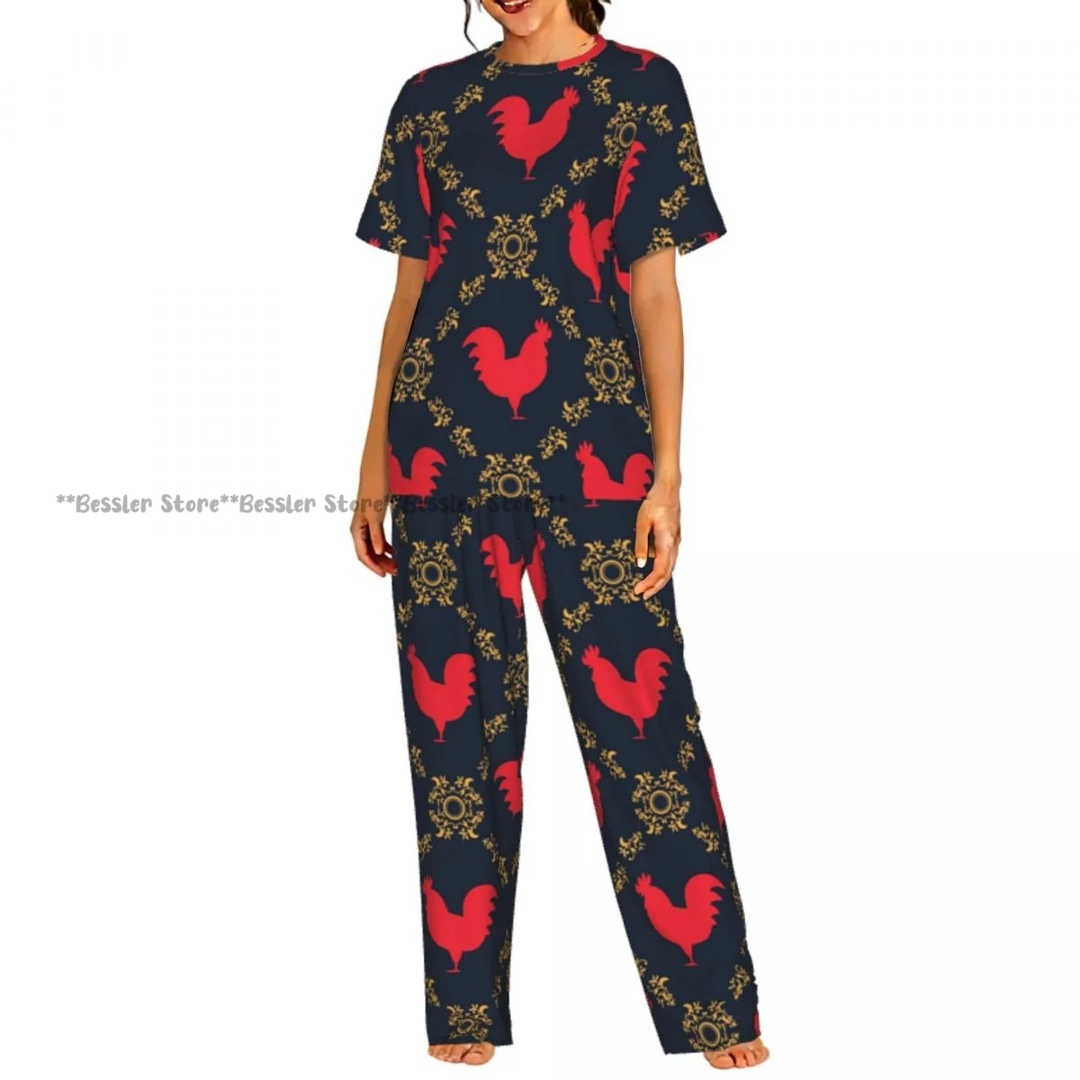 

Women's Rooster Pattern short sleeve trousers casual pajamas set