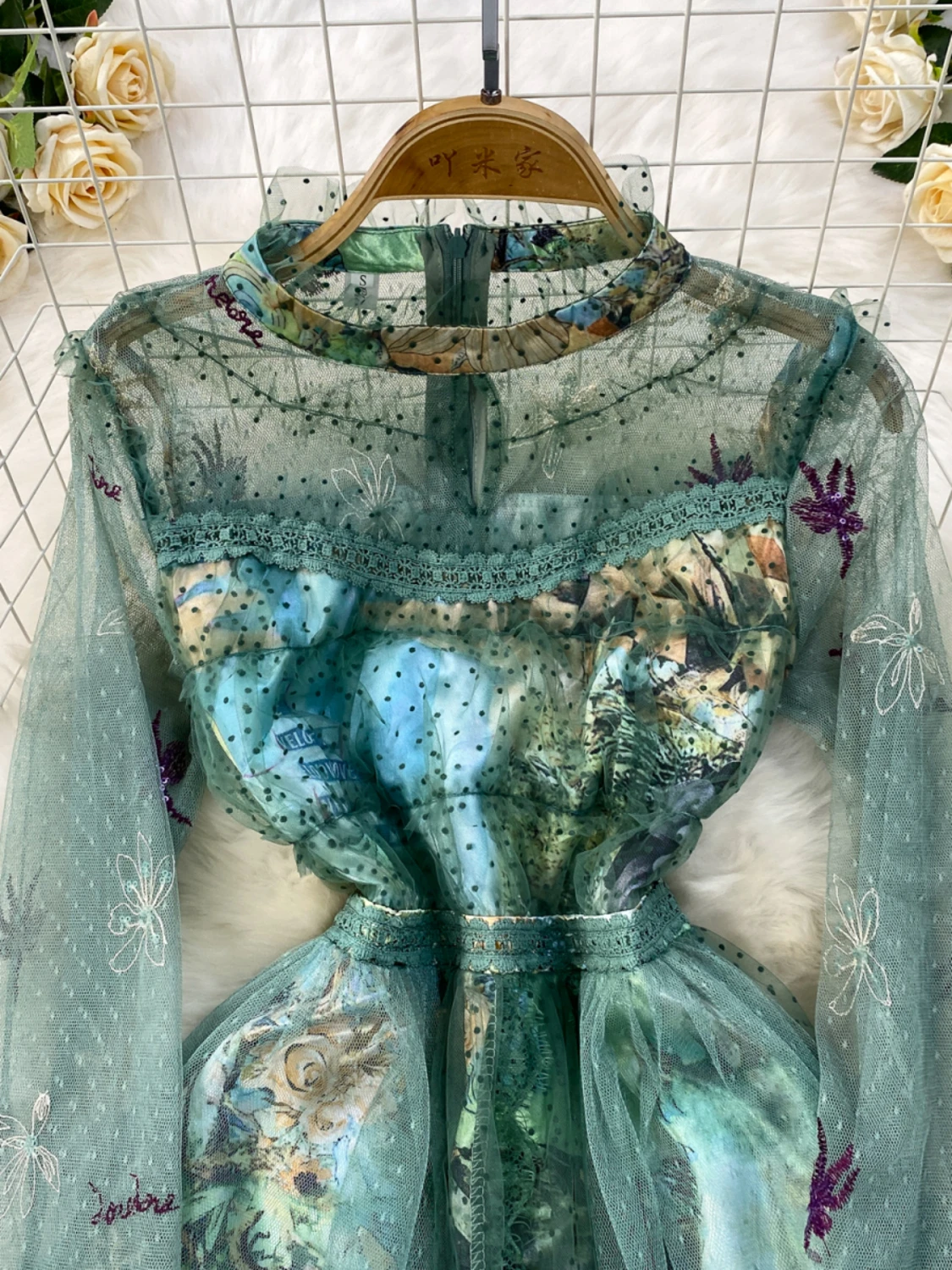 

Ele Vintage round Ne Lace Splicing Dr High Waist Print Contraction Waist Cake Long Skirt Korean Sle Commute