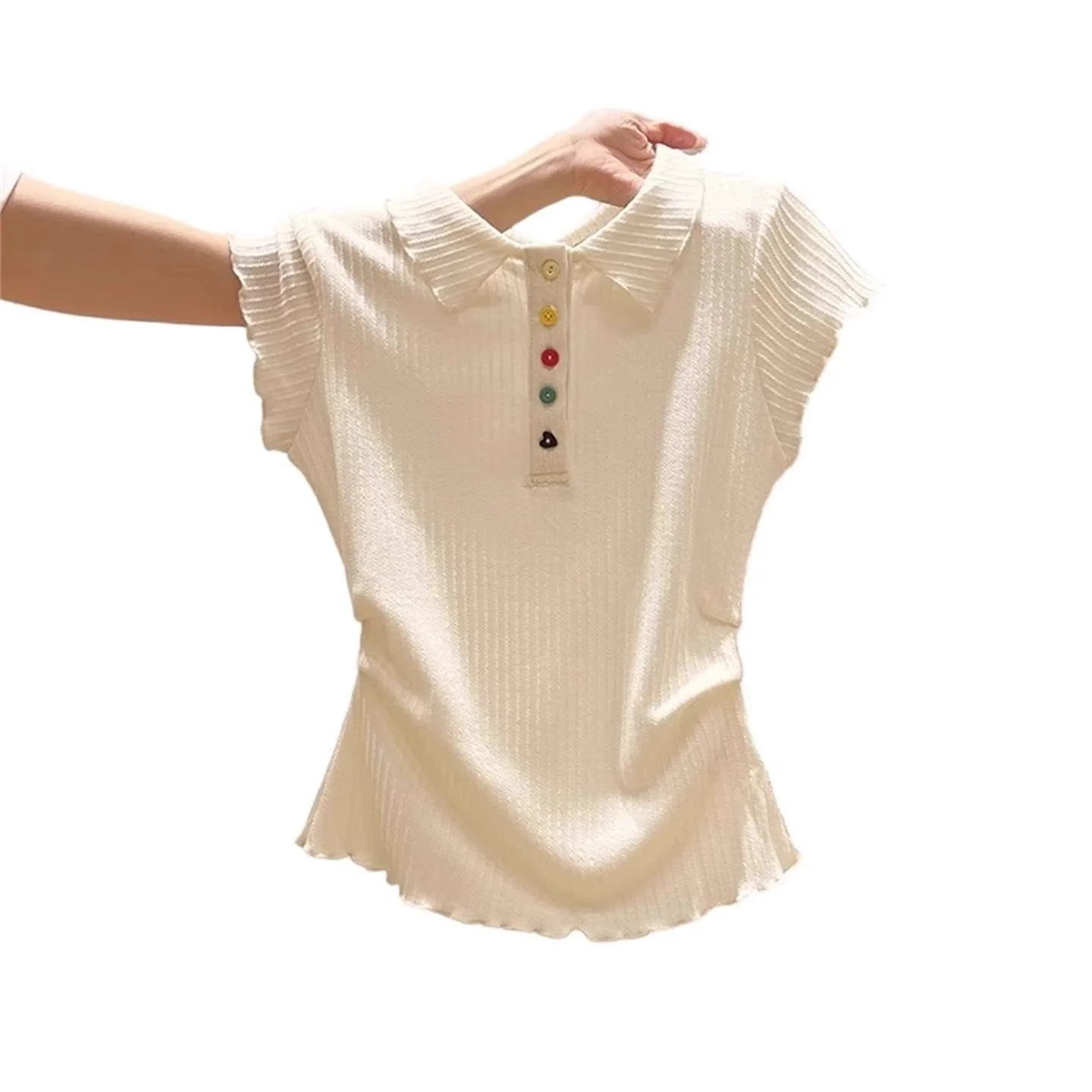 2025 봄 여름 여성 신상품 작은 신선함을 더한 니트 스웨터 슬림 라펠 컬러 버튼 반소매 탑