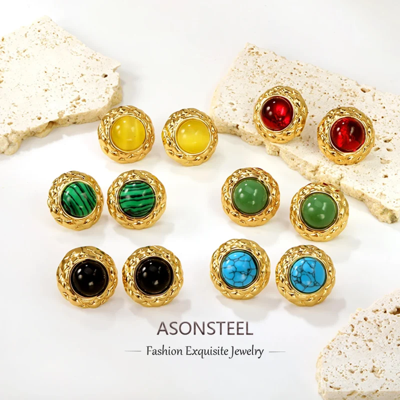 ASONSTEEL Vintage Colorful Round Stone Stud Earrings Golden Jewelry Waterproof Metal Texture Attractive Wedding Jewelry Gifts