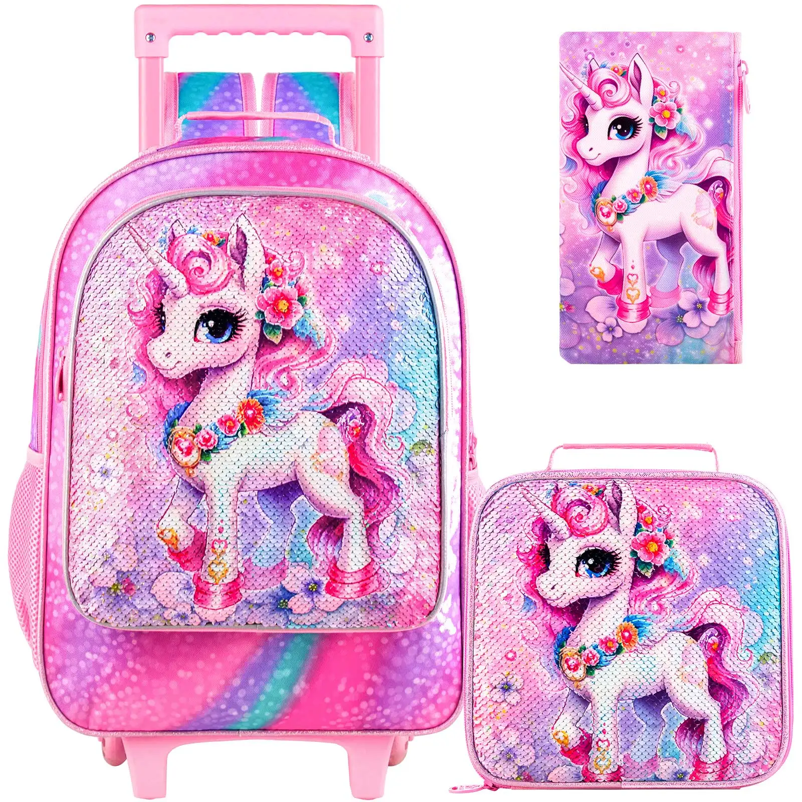 

3PCS Rolling Backpack for Girls, Kids Roller Wheeled Bookbag with Lunch Box, Backpacks with Wheels for Elementary