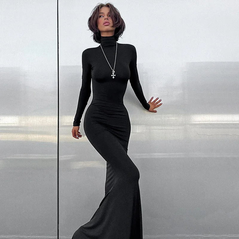 Women's Autumn Winter New Clear Color Half High Neck Long Sleeve Slim Fit Fashion Dress