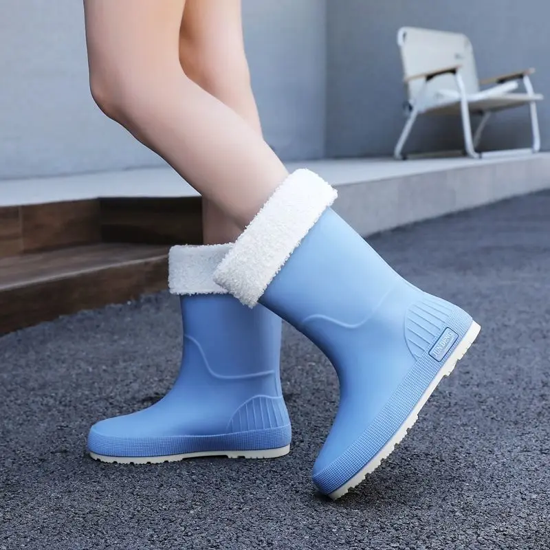 Women's Thermal Lined Mid Calf Rain Boots Waterproof Work Slip Resistant Pure Color Simple Fashion New for Kitchen