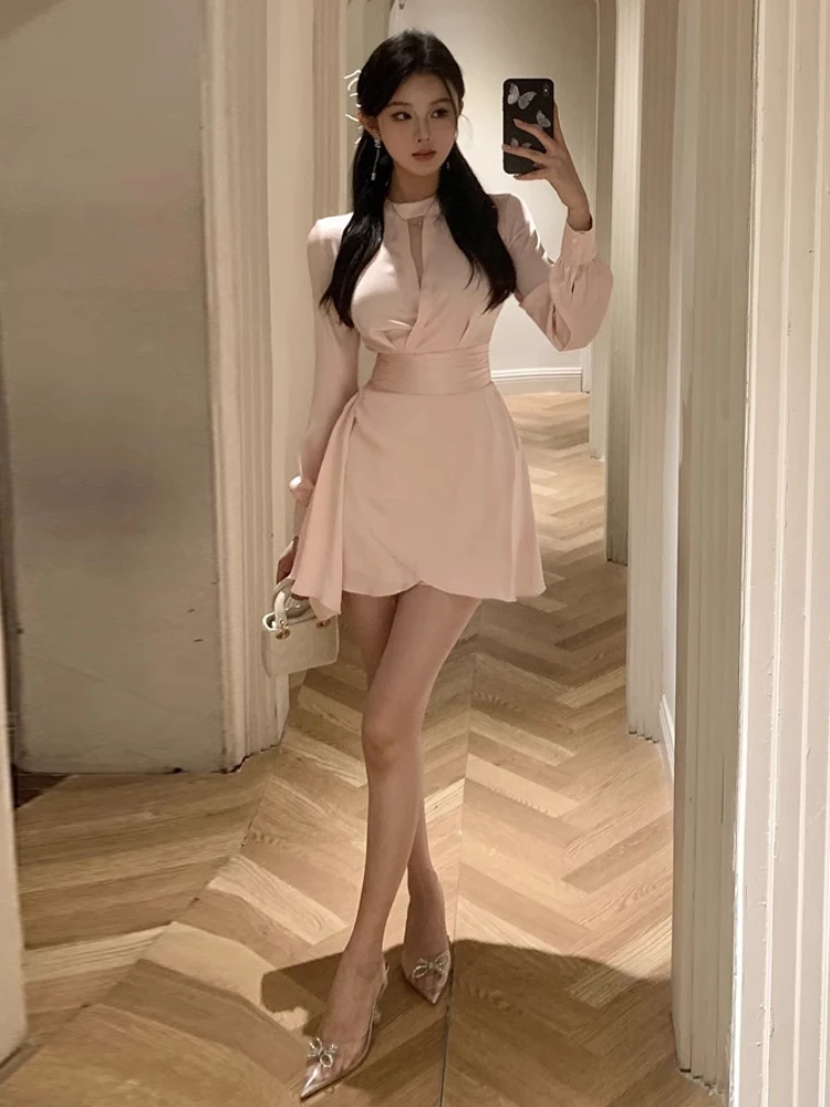 Ele Pink Long Sve round Ne Hollow out A-Line Dr Faionable Slimming White Enhancing Gentle Girl Pure Color Dr