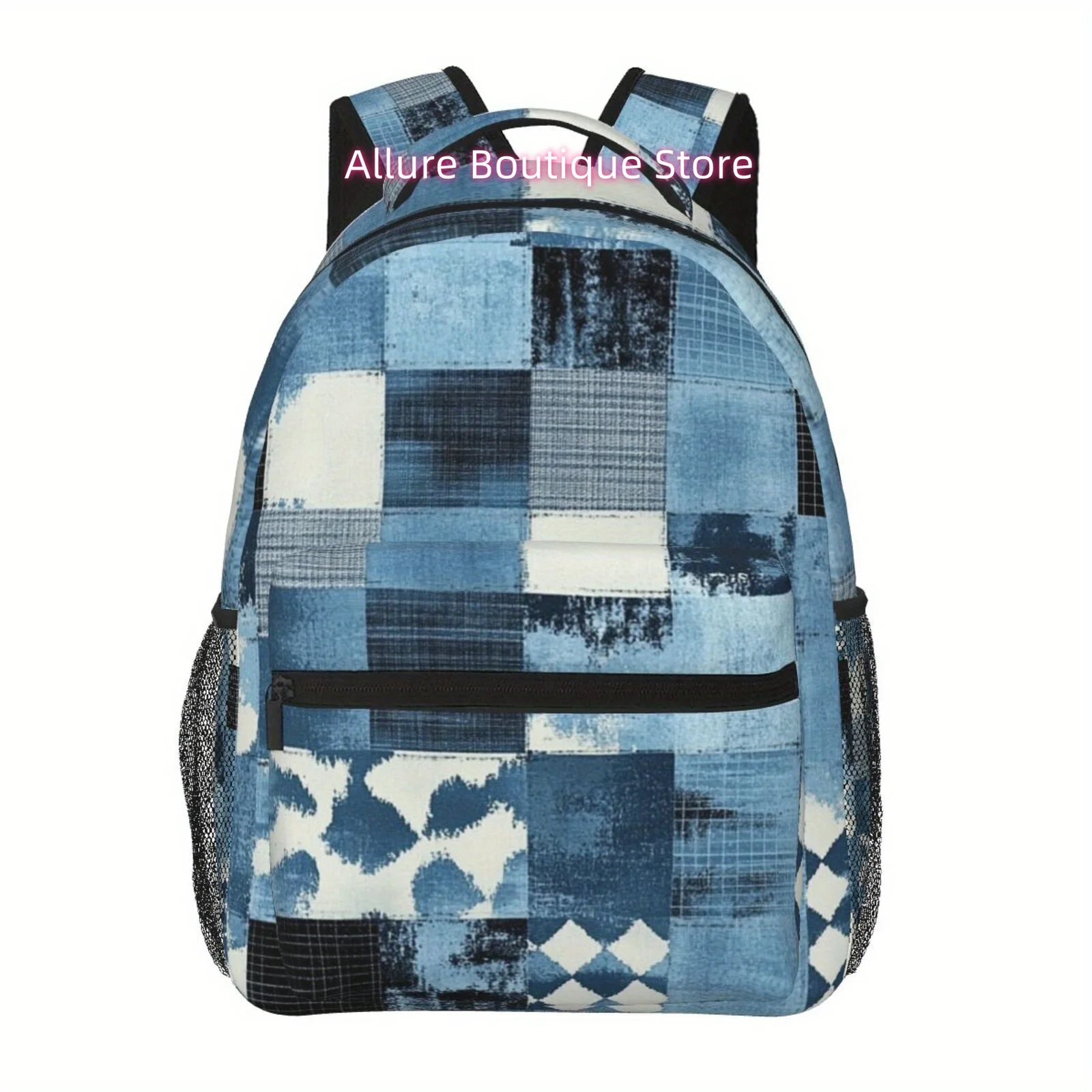 A Stylish And Versatile Backpack Featuring a Retro Denim Checkered Design, Fully Printed in Vibrant Colors. This Lightweight Bag