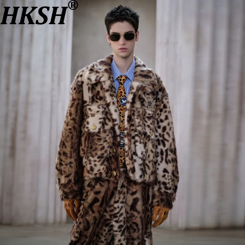 

HKSH Autumn Winter New Men Original Design Leopard Print Faux Fur Thickened Fleece Coat Trend Casual Elastic Waist Pants HK16540