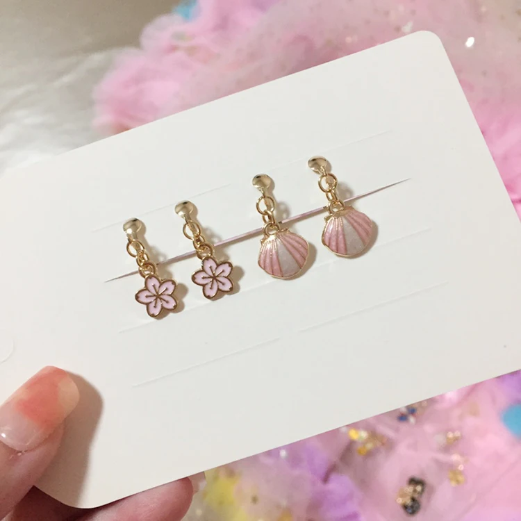 2 Pairs/Set Cute Holeless Clips Earrings for Girls Children Student Pink Shell Flower Ear Pins Earring Ear Jewelry Accessories