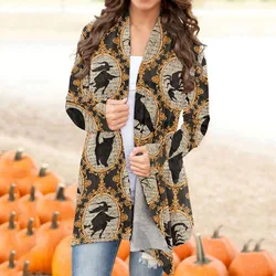 Topy z długim rękawem Śmieszne otwarte duże płaszcze zimowe dla kobiet Halloween Casual Blouse Animal Cat Print Cardigan Coat