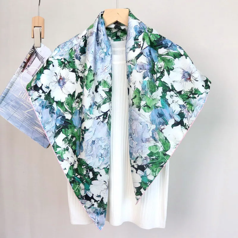 High-end Elegant Women Exquisite French Oil Camellia Print Quality 14MM Twill Silk Hand-rolled Edge Large Square Scarf Shawl