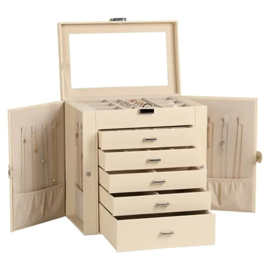 

Large Jewelry Box6-Tier PU Leather Jewelry Organizer Multi-functional Storage Case with Mirror Accessories Holder with 5 Drawer