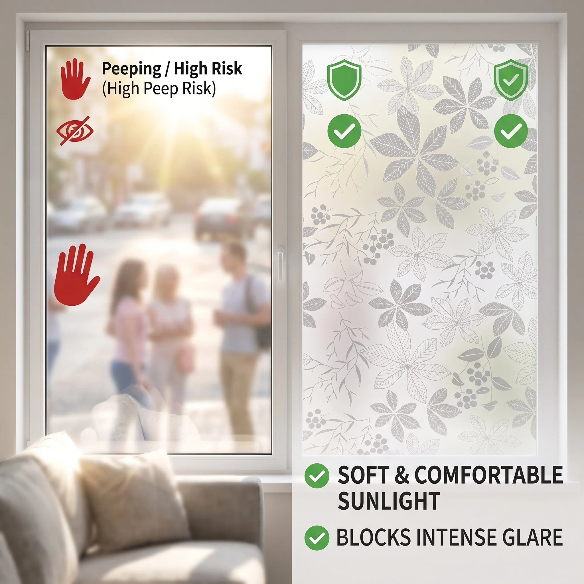 Self‑Adhesive Grey Leaf Foliage Window Film Frosted Privacy Glass Sticker Anti‑Glare Decorative Window Tint for Bathroom Bedroom