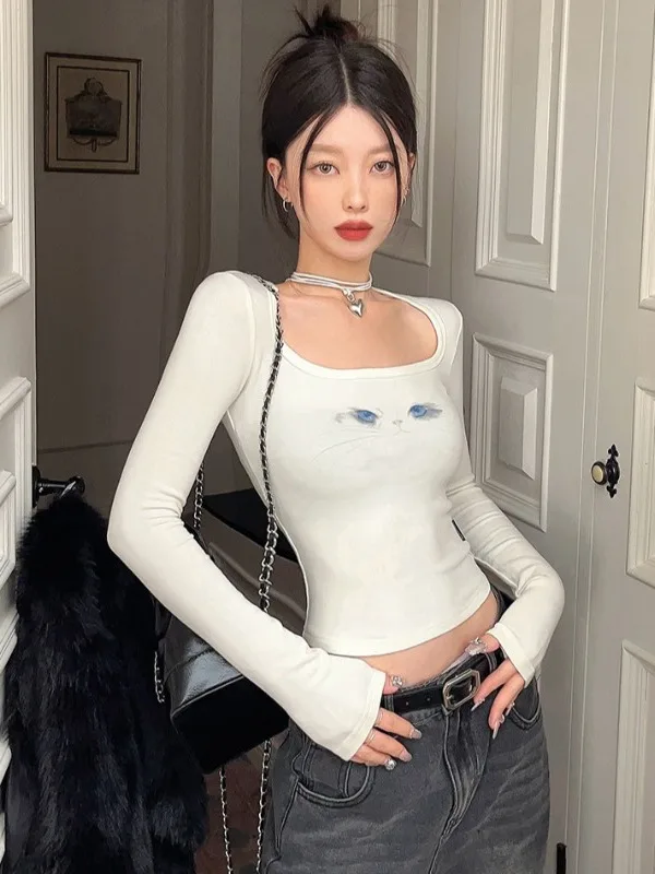 

Spicy Girl Long Sleeve T-Shirt Slim Fit Square Neck Print Fashionable Base Shirt Women's Autumn New Style Skin-friendly B...
