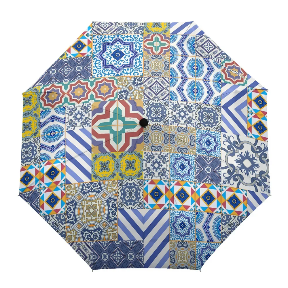 Morocco Colorful Flowers Mandala Arabesque Umbrella Rain Women Manual Three Folding Umbrellas Windproof Parasol Parapluie