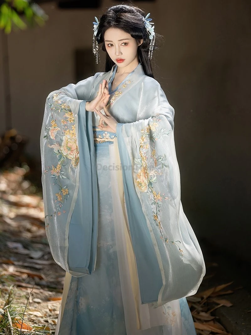

Изысканная вышивка Wei Jin Hanfu, фея с широкими рукавами, затягивающая талию, женская традиционная одежда, китайский ретро, элегантный ханьфу