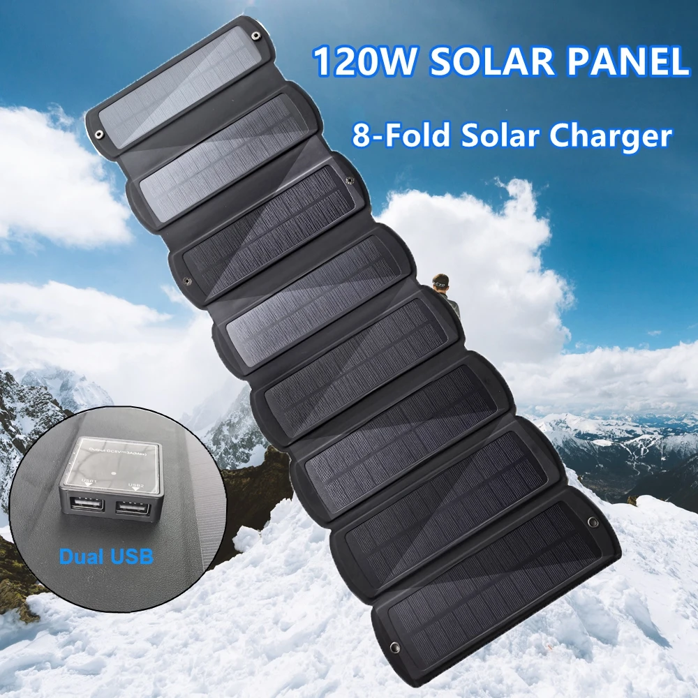 120W Foldable Solar Panel Portable 8-fold Solar Panels Charger Dual USB 5V DC Full Time Power Solar Panel Mobile Power Supply