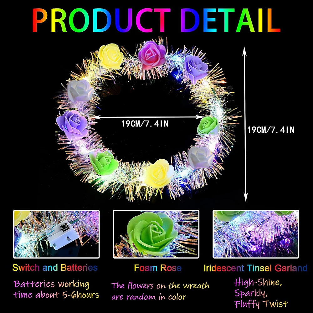 10/20 Stück LED-Blumenkranz, leuchtende Blumenkrone, Haarschmuck für Hochzeiten, leuchtendes Stirnband, Geburtstagsfeier, Hochzeitszubehör – Detail 7