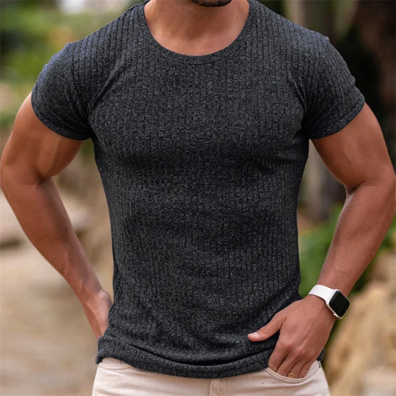 INS Fashion Muscle Fitness Men\'s Summer Sports Fitness Leisure Round Neck Elastic Short Sleeve Vertical Stripe T-shirt