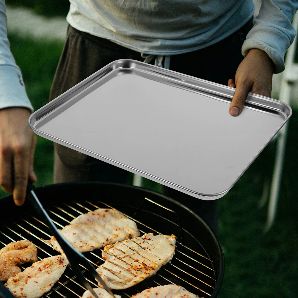 

2Pcs Stainless Steel Rectangular Steaming Tray Multipurpose Food Dish Barbecue Pan Baking Sheet Kitchen Party Serving Platter