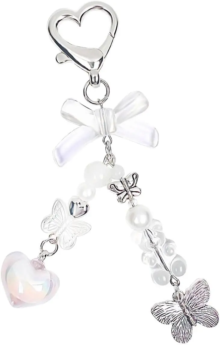 Cute Keychains Y2K, Aesthetic Keychain Charms, Heart Butterfly Key Chain for Women Girls, Beaded Bag Charm, Bag Charms Pendant