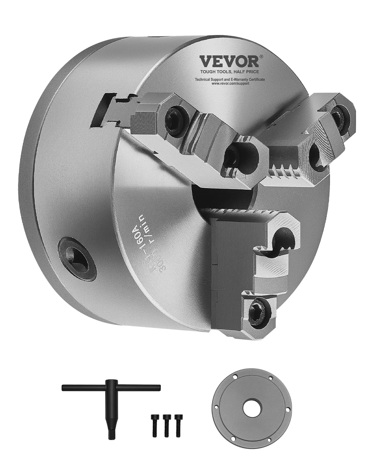 VEVOR 3-Jaw Lathe Chuck, Self-Centering Chuck & Threaded Backing Plate, T-wrench Screws for Wood Metal Lathe