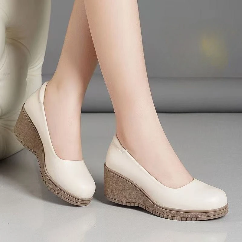 Women Fashion Sweet Light Weight Black Spring Comfort Slip on Wedge Heel Shoes Lady Cool Black Leather Heel Shoe
