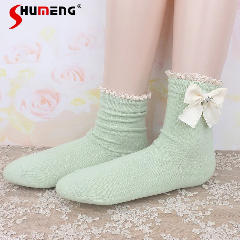 

Japanese Rojita Sweet Lady Cute Bow Rhinestone Bucket Gentle Color Lace Socks Four Seasons Universal Women's Clothes Accessories