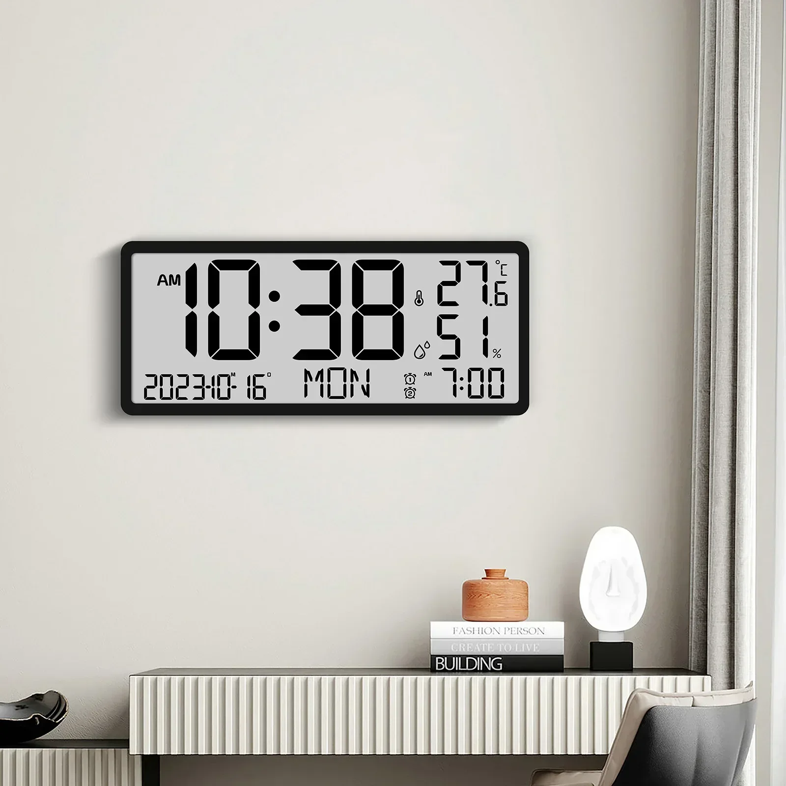 Digital Wall Clock LCD Home Decoration Large LCD Display Calendar with Date Temperature Humidity Display Snooze Home Alarm Clock