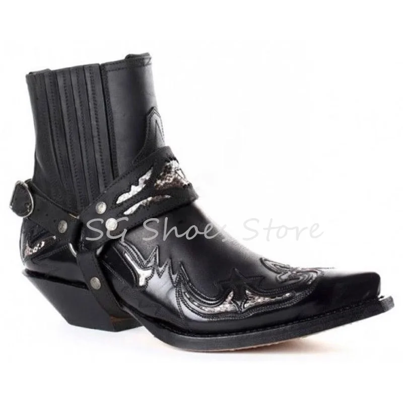 Retro Embroidery Western Cowboys Boots for Men Pointed Toe Wedges Buckle Strap Chelsea Boots Male Dress Shoes Motorcycle Boots image 3