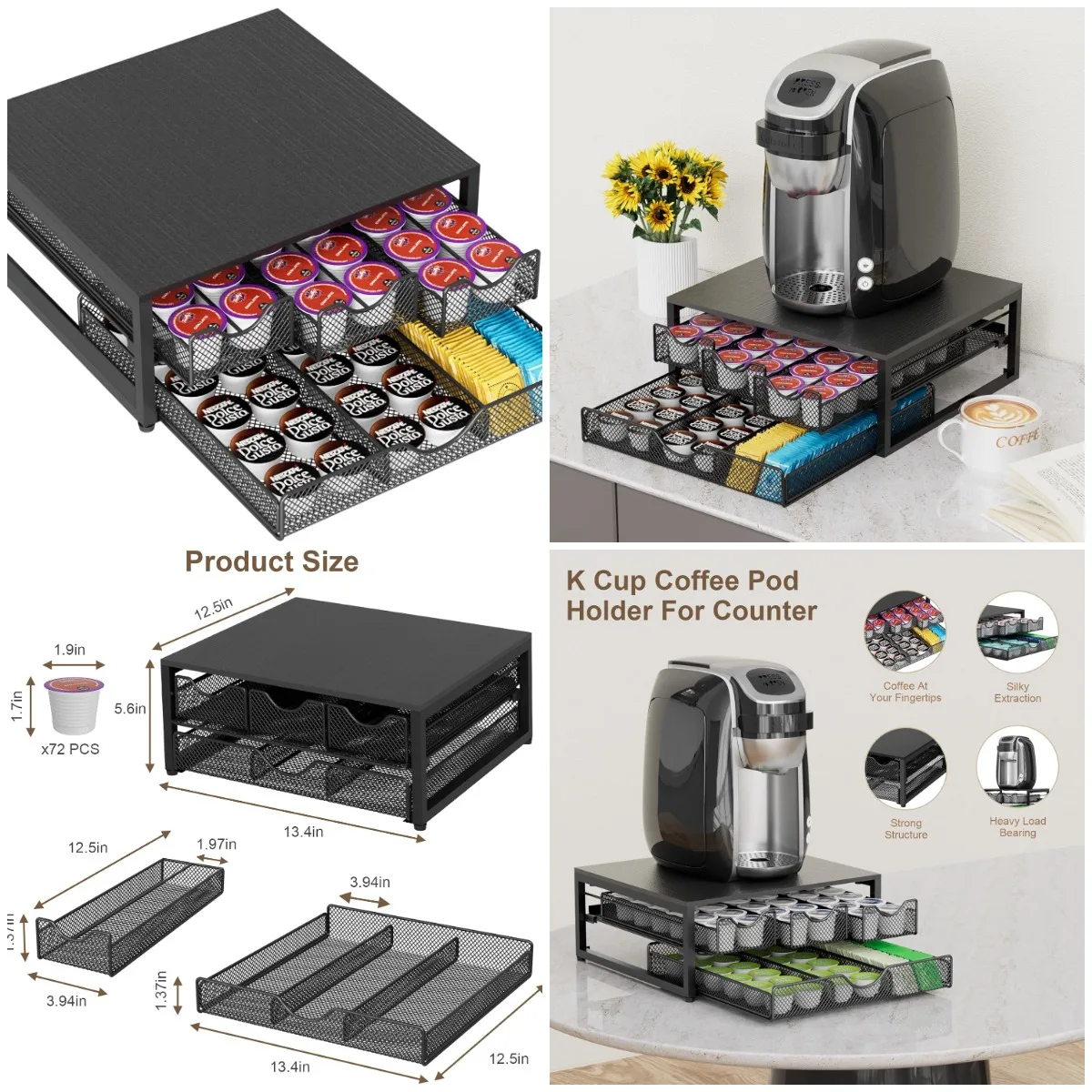 

Coffee Pod Holder, 3-Drawer Wooden K-Cup Organizer with Sliding Drawers, Black, for Kitchen, Office, Dorm