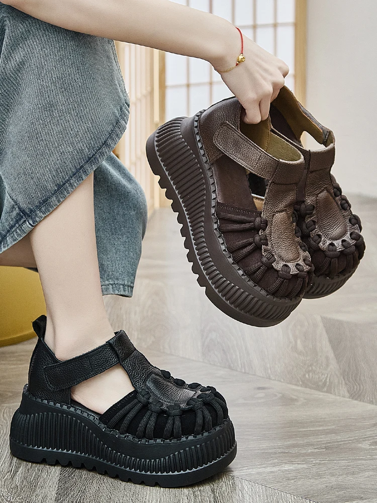 Retro Style Thick Heel Roman Ladies Sandals Handmade Woven Mom Shoes Genuine Leather Mary Jane Shoes Low Cut Magic Tape Closure