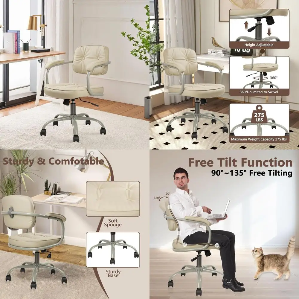 

Mid Century Modern Leather Desk Chair, Adjustable Height & Swivel, Ergonomic Office Makeup Chair with Armrests, Beige, 2-Pack