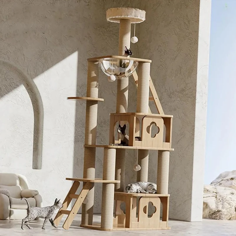 

Wood Cat Tree House Scratcher Tower with Sisal Rope Cat Toys Climbing Frame Scratching Tree