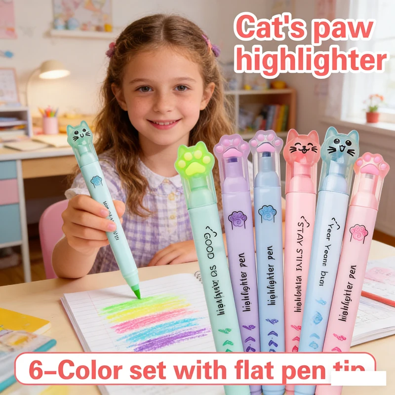6 Stück Niedliche Katzenpfoten Pastellfarbene Textmarker, Fluoreszierende Zeichenmarker, Liebevolles Geschenk-Schreibwarenset für Schule und Büro