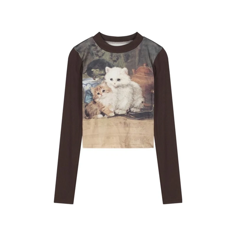 Women Casual Long Sleeve T-Shirts Aesthetics Spring Autumn Solid Slim Pullovers Base Tees Streetwear Cute Cat Print Crop Tops