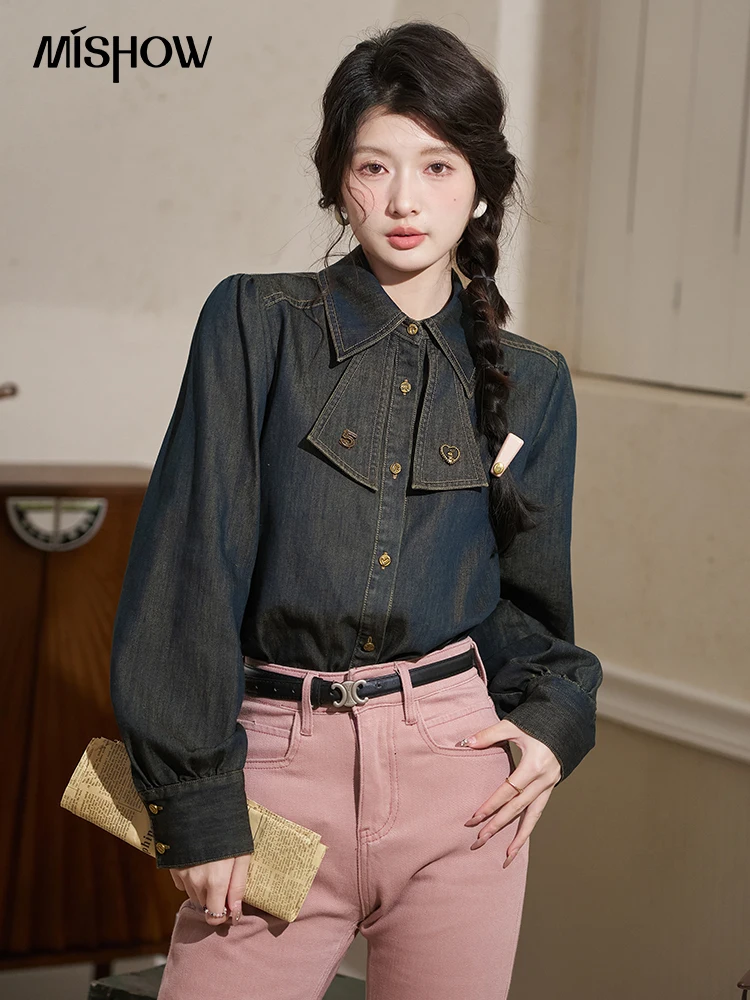 

MISHOW Retro Polo Neck Denim Shirt for Women 2024 Spring Bow Heart Button Cotton Blend Long Sleeve Female Casual Top MXD14C0229