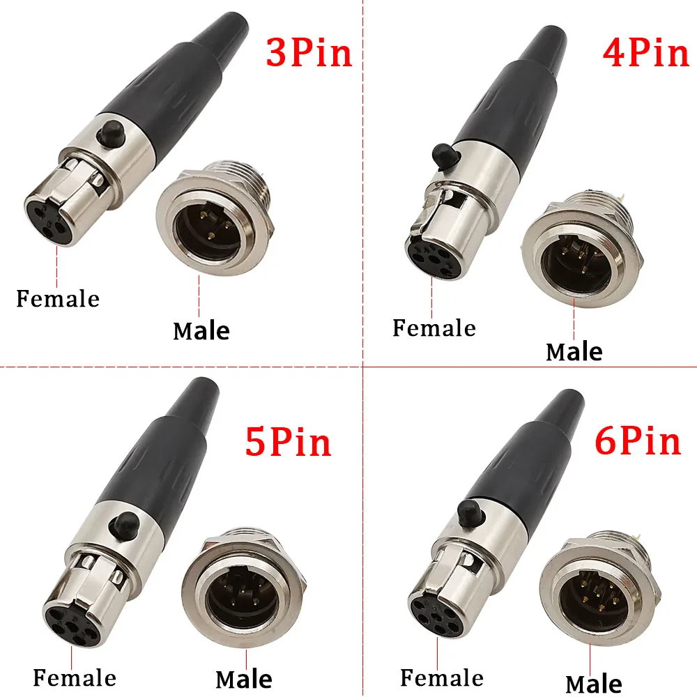 2Pcs Mini XLR Male Female Audio Adapter 3/4/5/6 Pin Mini XLR Plug Jack Audio Microphone Speaker Cable Soldering Connector Black