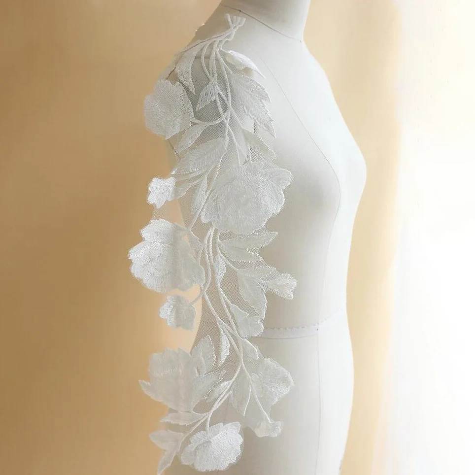 1 Pair White Rose Flower Embroidery Patch Fabric DIY Wedding Dress Curtain Accessories Sewing Repair