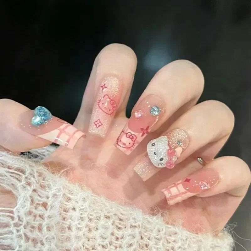 

26Pcs Sanrio Hello Kitty False Nails Cute Cartoon KT Fashion Individual Women Nail Stickers Kawaii Nail Patches Holiday Gifts