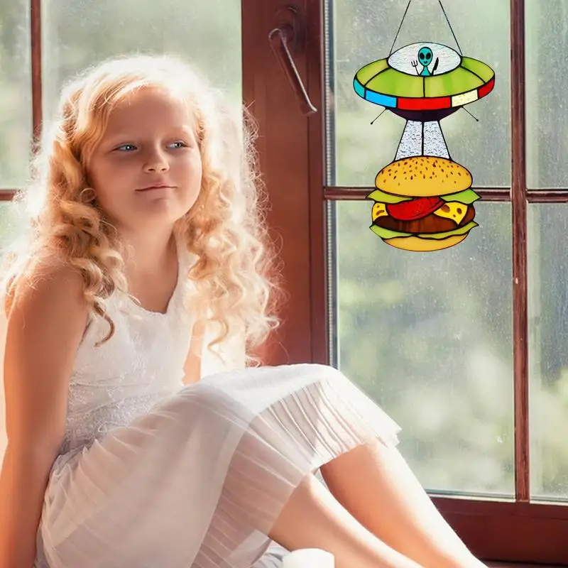 Alien Sun Catcher UFO Hamburger Design Sun Catcher Stained Acrylic Alien Pendant Ornaments Door Panel Painted UFO Pendant Room