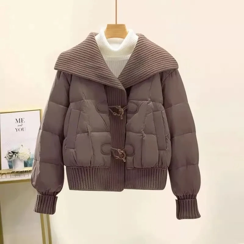 

Женская короткая корейская хлопковая куртка большого размера, осень-зима 202, универсальное легкое пальто, вязаный топ с коровьим рогом w1455