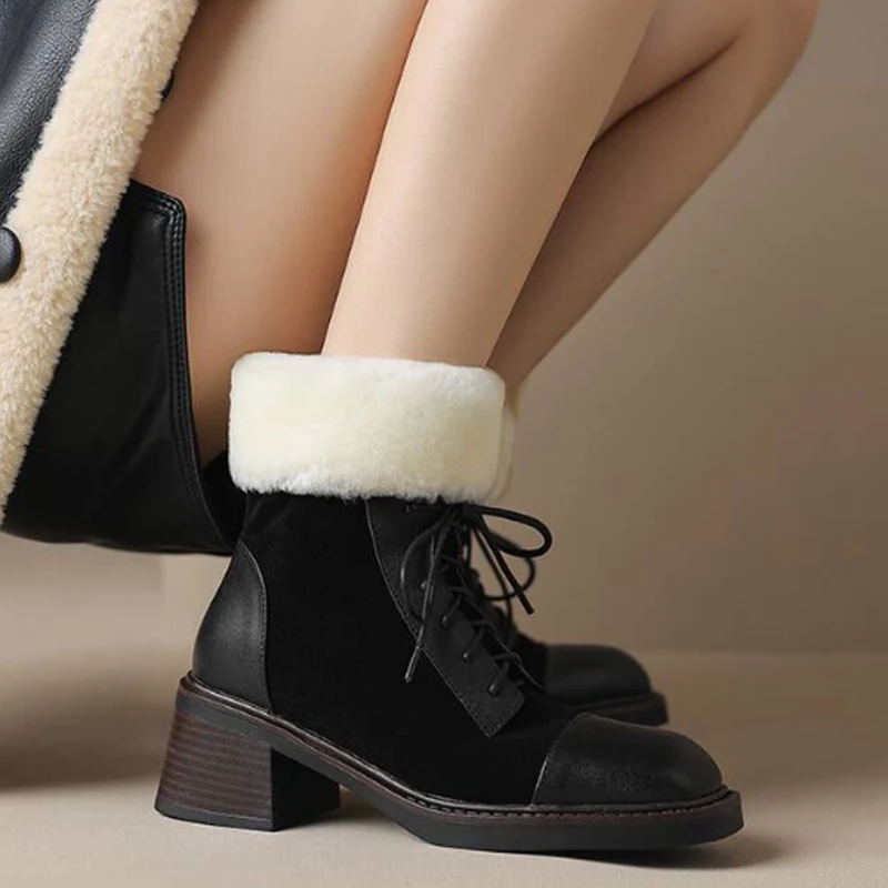 Women's Mid-Calf Leather Winter Snow Boots with High Heel and Zipper