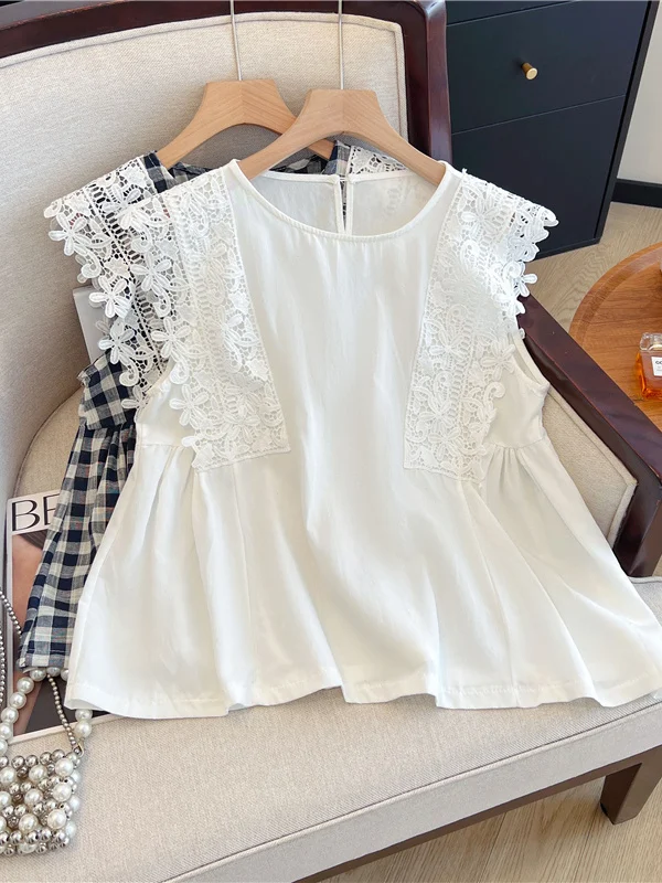 

Summer 2025 New Sle Women's Lace Hookwork Hollow out Plaid Vest Sweet Sle Small Flng Sve Doll irt Korean Loose Fit