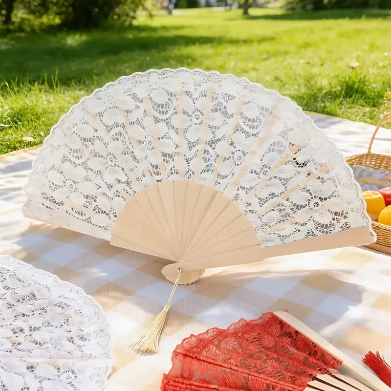 Personalized custom-made 1pc retro white lace folding fan - an elegant mesh lace wedding hand fan, suitable as a gift for brides